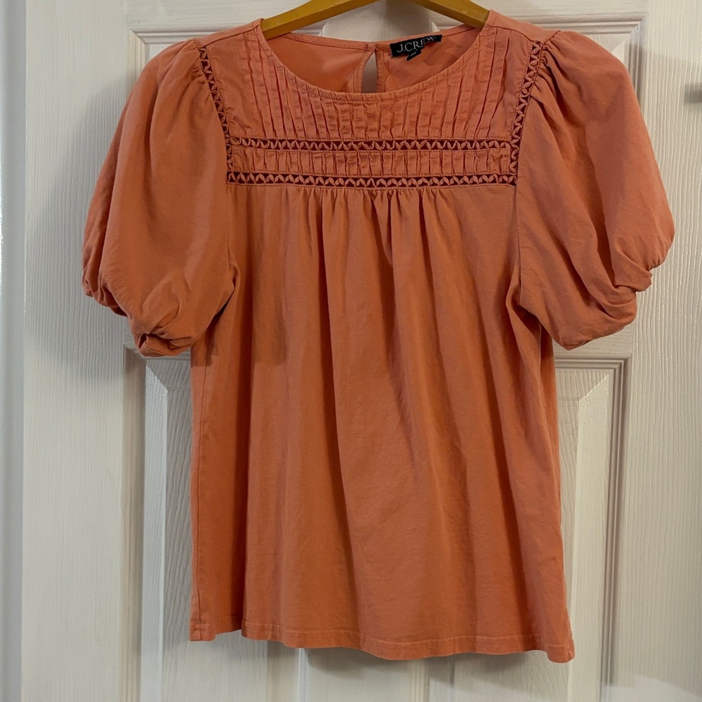 J. Crew Coral Puff-Sleeve Pintuck Blouse